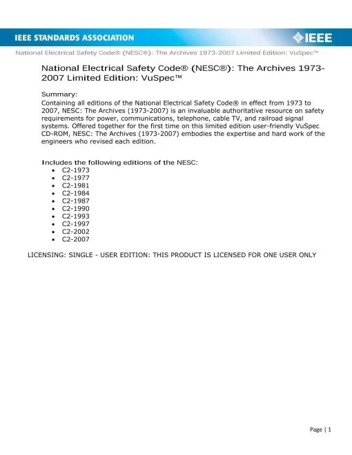 National Electrical Safety Code (NESC): The Archives (1973-2007) Limited Edition VuSpec CD-ROM - Single User pdf